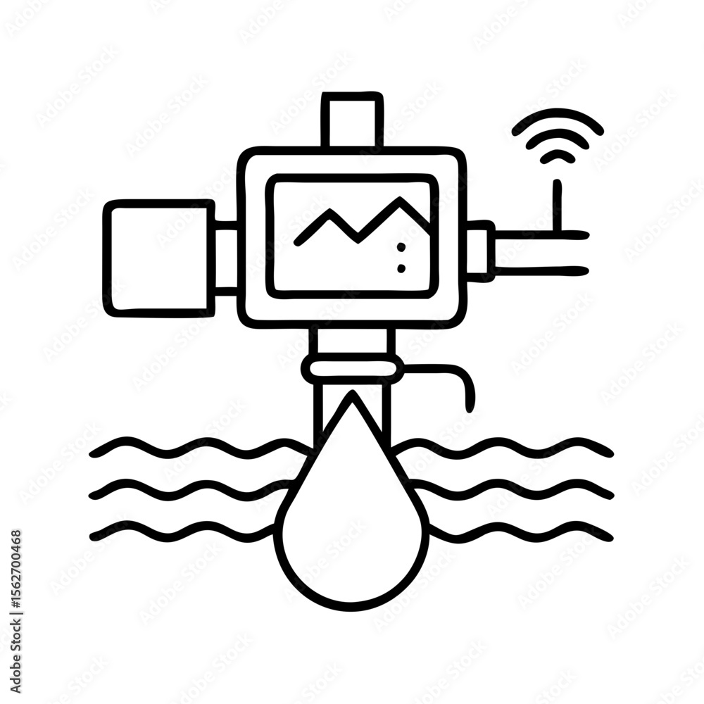 Poster smart water meter with monitoring display embedded in ground with water drop and wifi signal. urban 