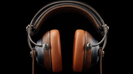 Luxurious leather wood headphones studio shot against solid black background for audio listening
