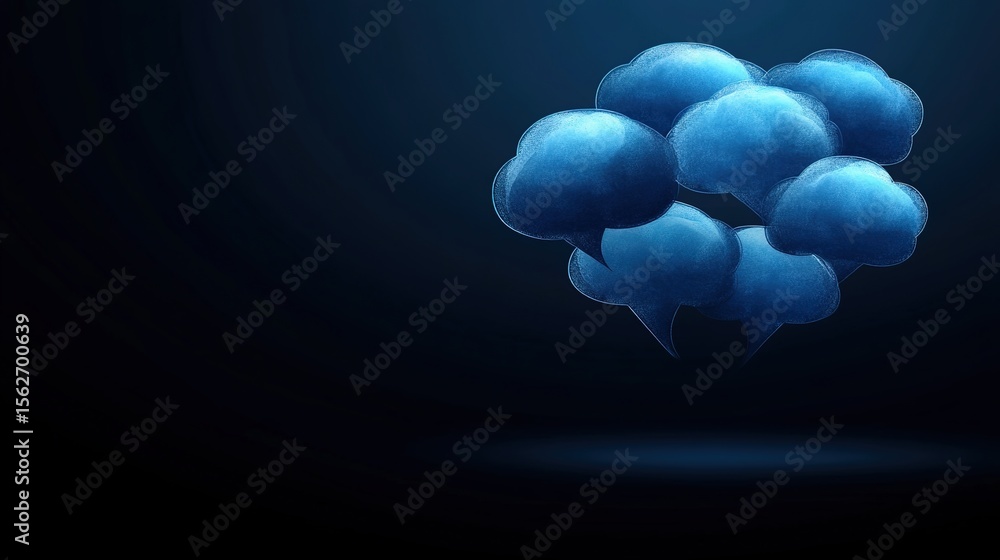 Poster blue speech bubbles floating in dark background for abstract communication