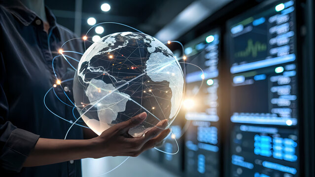 Person holding a globe with network connections in front of server room data displays shown