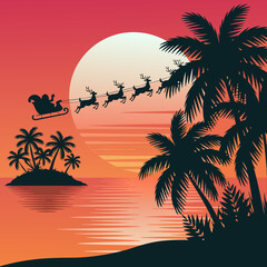 Santa beach vector with Santas sleigh over a tropical sunset island beach. Suitable for Christmasthemed designs, greeting cards, and holiday promotions.