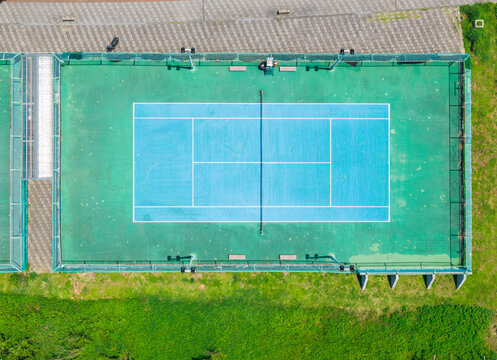 Aerial View Tennis Court Blue Green Fencing