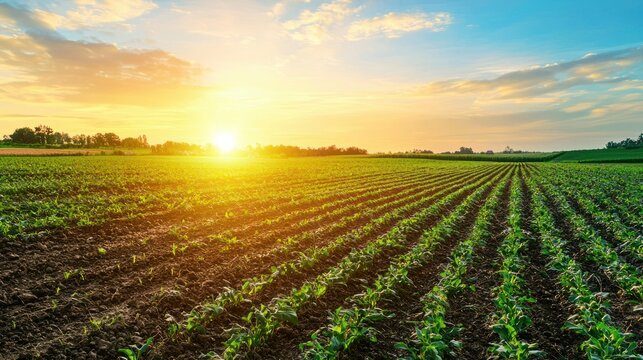A vibrant green cornfield with rows of young corn plants at sunset, with a warm, golden sky and a few scattered clouds.