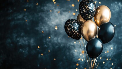 A celebratory bunch of black and gold balloons against a dark backdrop