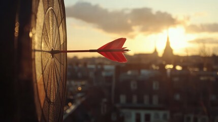 Red dart hitting bullseye on dartboard with sunset city background.