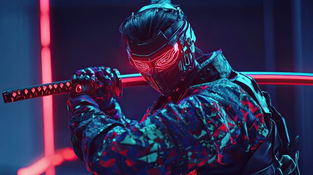 Cyberpunk ninja warrior with katana