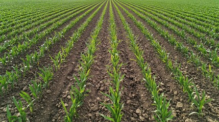 A neatly arranged cornfield with rows of young corn plants, green and brown, in a field setting with a clear sky.