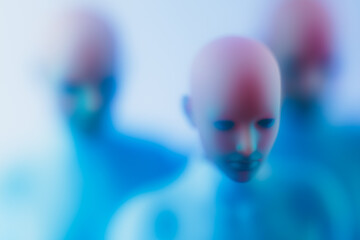 Ethereal digital figures with neon illumination in abstract setting