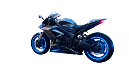 Sleek futuristic silver sport motorcycle with glowing blue neon accents and illuminated wheels on a black background