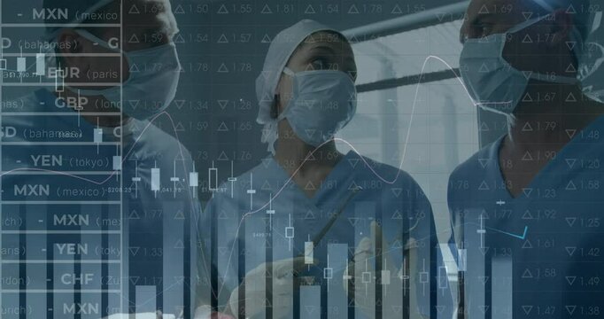 Left surgeon glancing at nurse activating financial chart overlay while team planning surgery