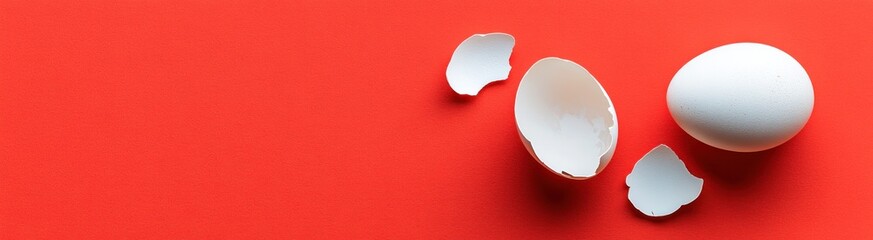 Cracked egg and shell pieces on red background.