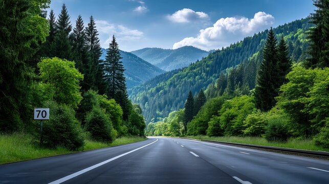 Asphalt road stretches through verdant forests toward distant, hazy mountains