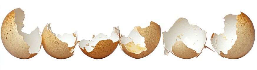 Broken eggshells arranged in a row on white background.