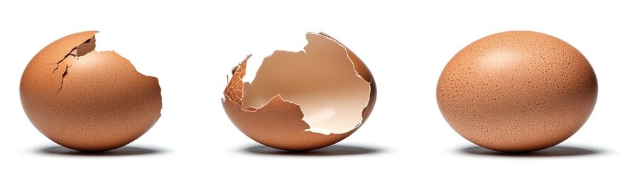 Three eggs one whole, two cracked.