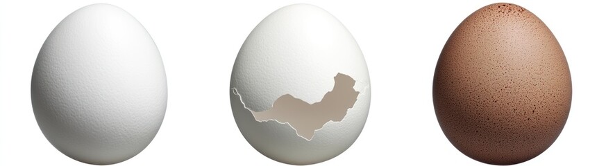 Three eggs whole white egg, cracked white egg, whole brown egg.