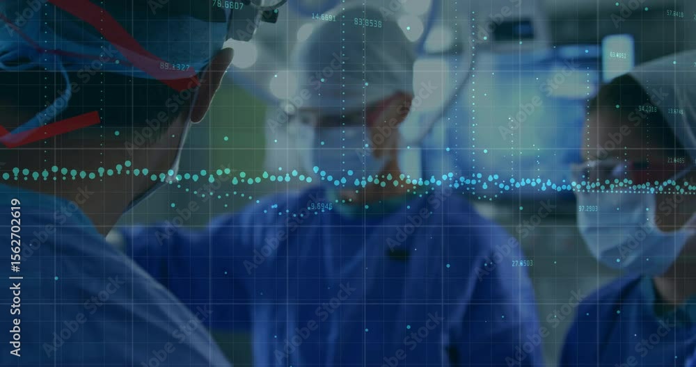 Poster surgical team causing grid flicker and data points, adjusting headlamp with rising red trend arrow
