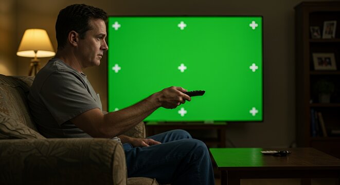 Man sits on couch, engrossed in a green-screen television program, using a remote control. He appears pensive and thoughtful.