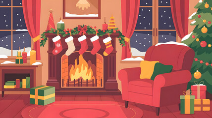 Cozy christmas living room with fireplace and decorated tree