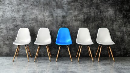 Blue chair among white chairs.