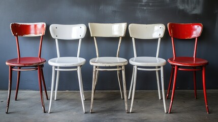 Five vintage metal chairs, red and white, arranged in a row against a gray wall.