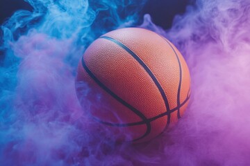 Intense basketball action in colorful smoke sports event urban environment dynamic viewpoint energetic concept