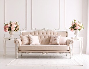 Elegant Light Beige Sofa with Pink Flowers in a White Room