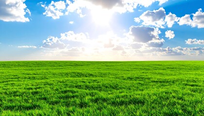Naklejka premium Lush green meadow under sunny blue sky with fluffy white clouds with nature background.