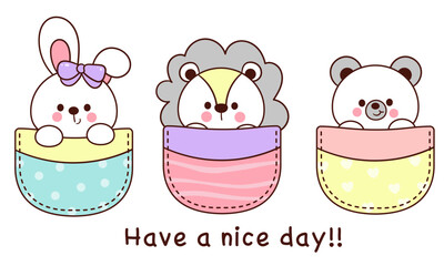 animal pocket lion bear and bunny rabbit kawaii doodle nursery kid t shirt