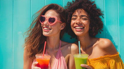 Two smiling women holding smoothies in front of a turquoise wall on a bright sunny day outside