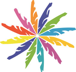 Vibrant Abstract Sunburst with Leaf-Like Rays: Colorful Floral Mandala and Dynamic Starburst Design Element.