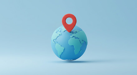 3D Render: Red Location Pin on Stylized Blue Globe, Minimalist Global Positioning Concept