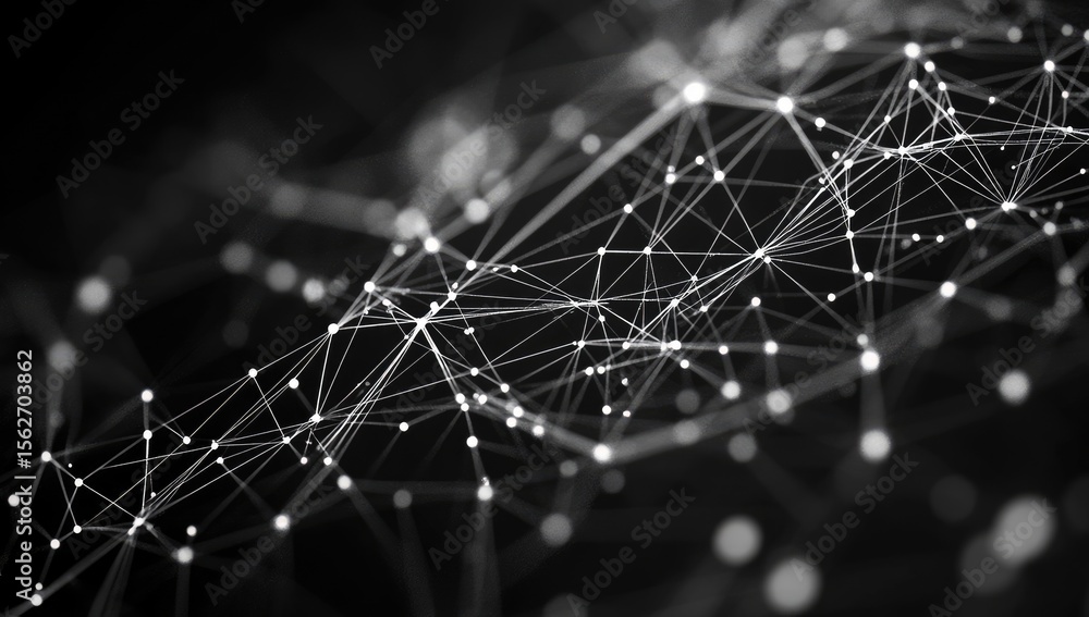 Poster abstract network of interconnected points and lines. complex digital web, gray and white, on a dark 