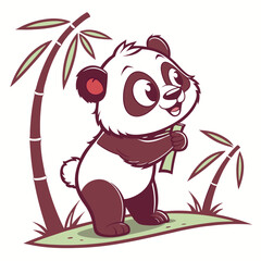 Cute Panda Holding Bamboo in a Forest Patch, A cheerful cartoon panda with black-and-white fur stands on grass among bamboo stalks, happily clutching a leaf — radiating charm and nature-loving innocen