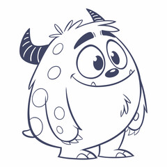 Friendly Spotted Monster with Horns and Tufted Hair, A playful cartoon monster with a round spotted body, two curved horns, tufted head hair, and a small beard, radiating friendliness through expressi