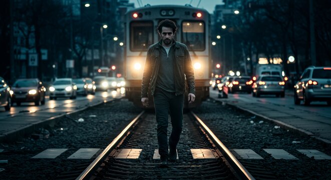 Man walks city railway tracks at night, illuminated by train headlights and urban lights.