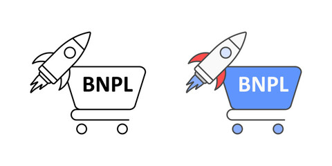 Express checkout with BNPL icon showing rocket and shopping cart, perfect for e-commerce, fast payment, and buy now pay later illustrations.