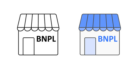 Online shop with BNPL icon showing storefront and BNPL badge, ideal for e-commerce, digital finance, and buy now pay later platforms.
