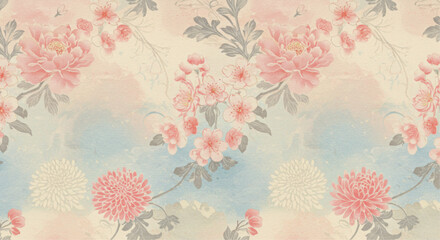 Vintage Watercolor Peony and Chrysanthemum Seamless Floral Pattern