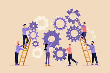 Teamwork and Collaboration Concept Illustration with People Connecting Gears on Ladders for Business Success