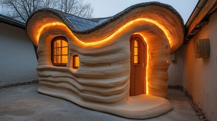 Warm Lit Wavy Beige Earth Toned Building at Dusk