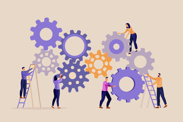 Teamwork and Collaboration People Connecting Gears for Business Success and Problem Solving Illustration