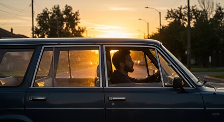 Golden sunset silhouettes a man driving a vintage car down a quiet residential street.