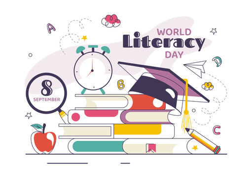 World Literacy Day Vector Illustration on 8th September Featuring Books, Educational Tools, and Learning for an Educational Holiday in a Background