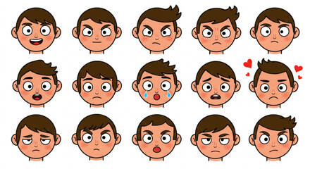 Cartoon Boy Face Expressions Set - Various Emotions Avatar Collection Vector Illustration
