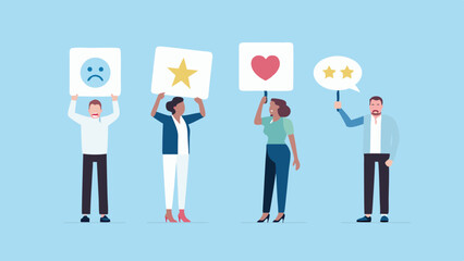 Customer Feedback Survey with Diverse People Holding Signs Showing Different Emotions and Ratings