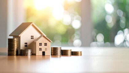 Miniature Houses  Stacks of Coins with Concept of Mortgage, and Real Estate Investment.