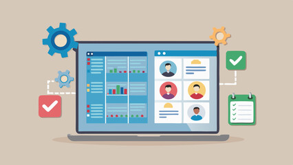Project Management Software on Laptop with Team Members Tasks and Automation Workflow