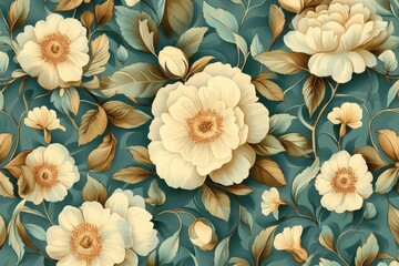 A lush floral pattern with creamy-white blossoms and deep teal leaves.  