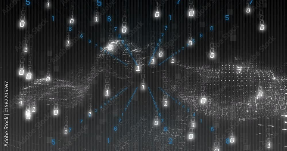 Poster dark grid opening sending digits cascading as mesh terrain rising to digital peak visualizing data