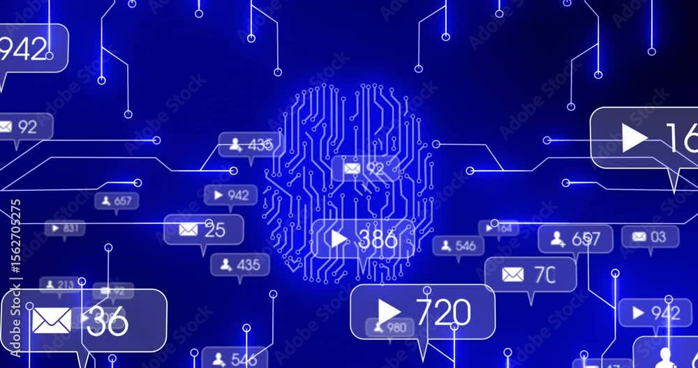 Aufkleber opening screen with glowing data arc sweeping inward feeding net and bubbles orbiting fingerprint